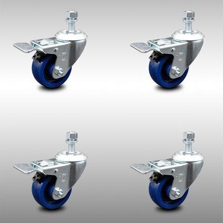 Service Caster 3 Inch SS Solid Polyurethane 12mm Threaded Stem Caster Set Total Lock Brake SCC-SSTSTTL20S314-SPUS-M1215-4